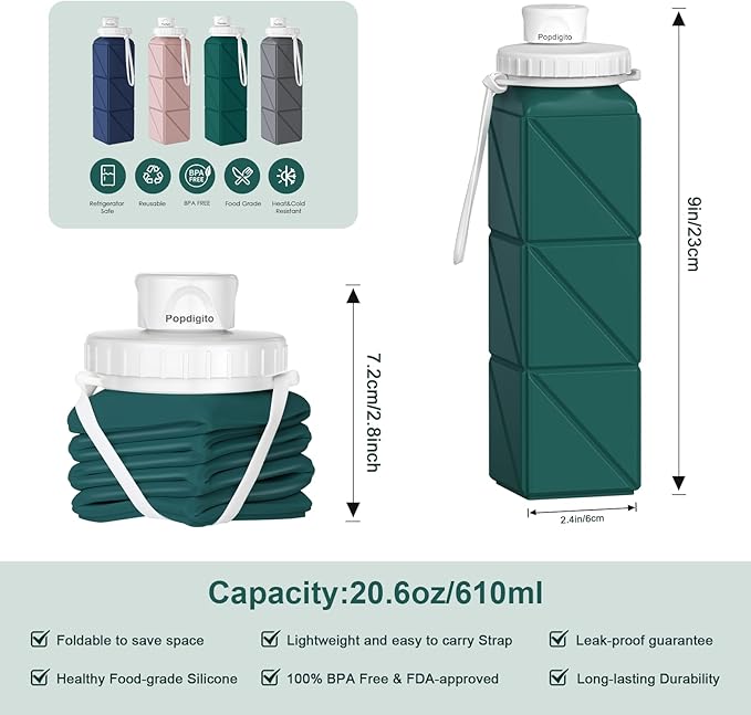 4pack Collapsible Water Bottles, 20.6oz Foldable Water Bottle BPA Free Reusable Lightweight LeakProof Travel Silicone Water Bottles for Travel, Gym, Hiking, Office, Camping, Sports Portable