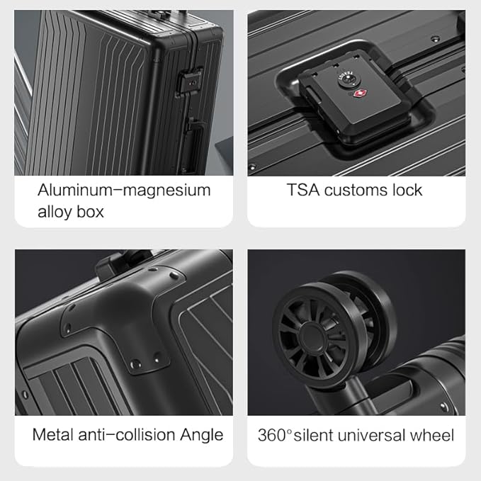 Metal all aluminum carry-on suitcase 20 "hard face, TSA lock and rotating wheel zippered luggage set (blue, 20 '')