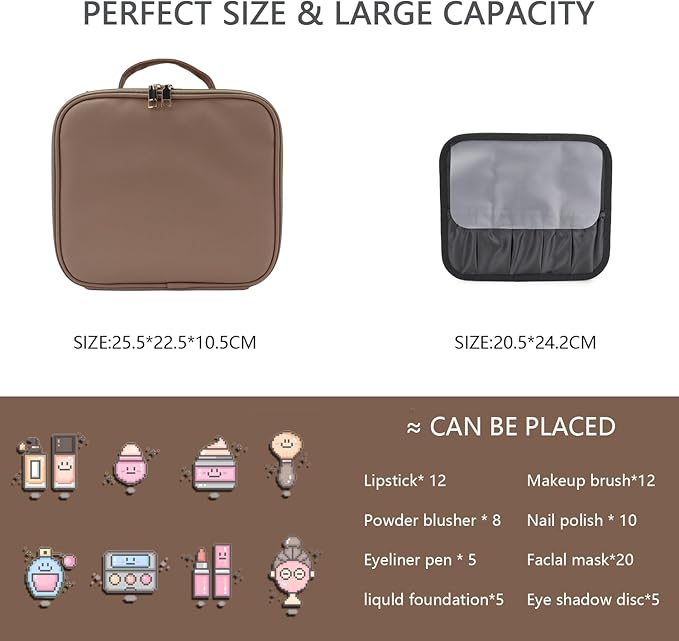 Makeup Bag with Led Mirror,Travel Makeup Organizer with 3 Color Setting, Portable Storage and Adjustable Dividers Travel Makeup Bag(Mocha)