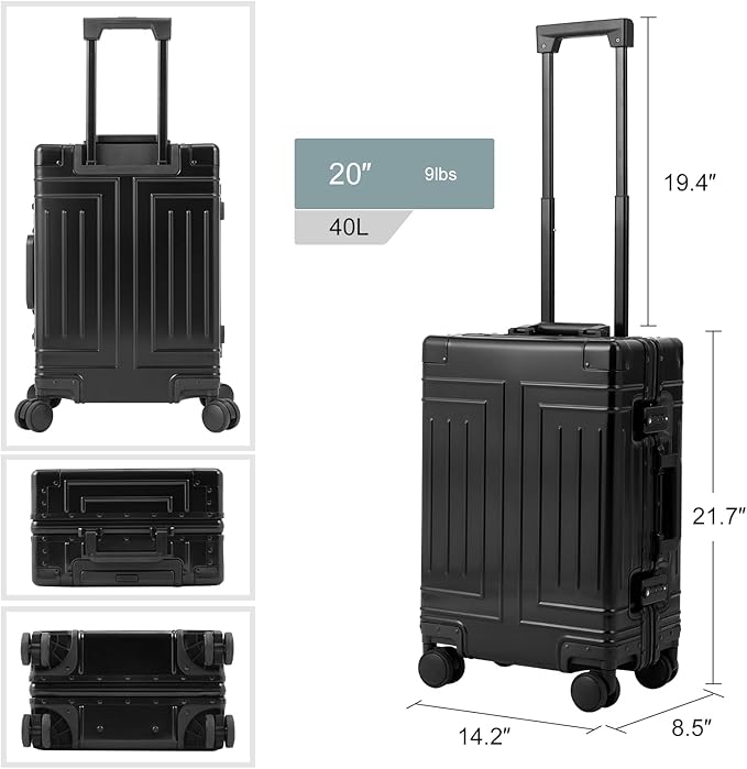 All Aluminum Carry On Luggage，Cut from Whole Aluminum Sheet，22x14x9 Airline Approved ，（3rd Generation，Premium Metal zipperless suitcase ） (black, 20inch)