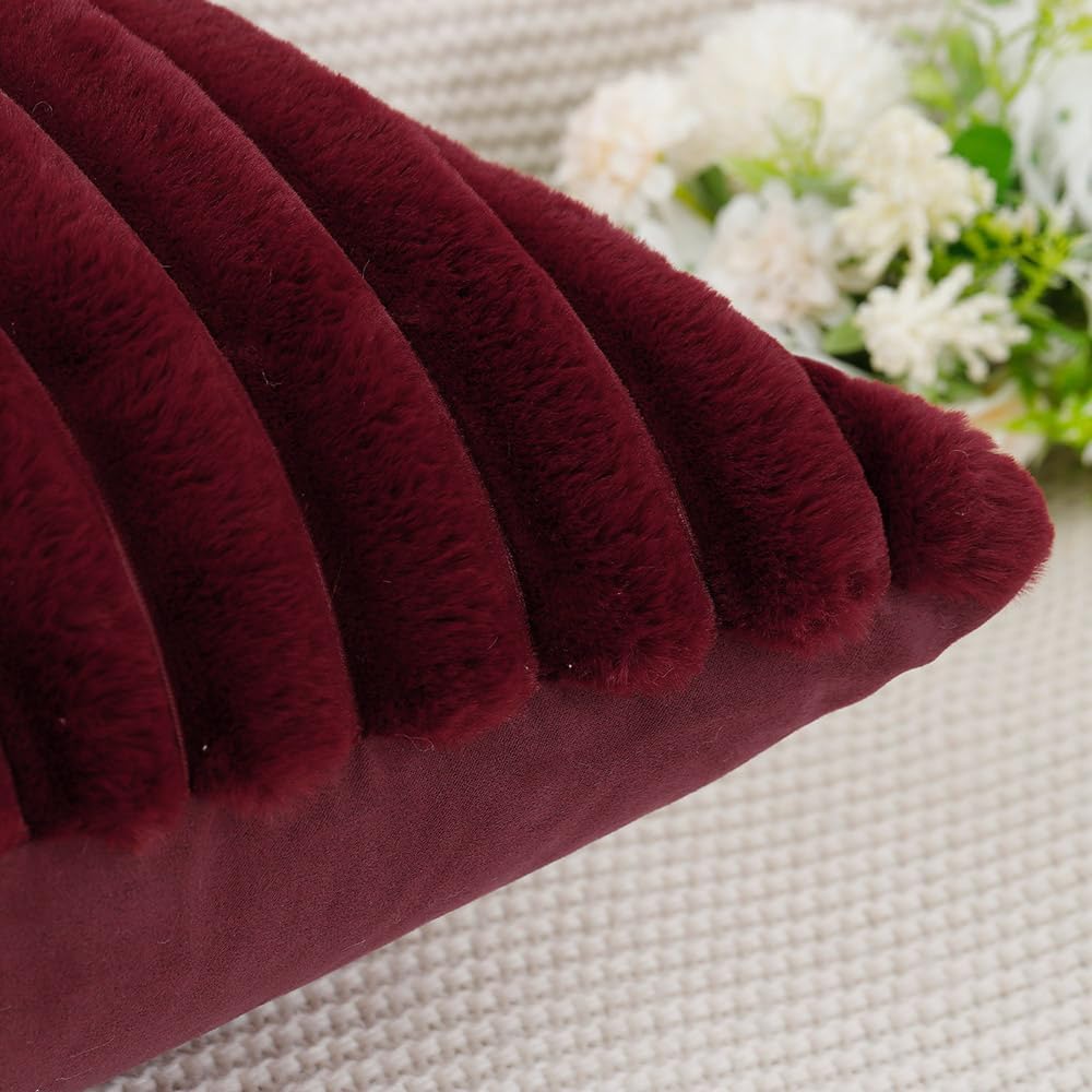 MADIZZ Set of 2 Faux Wool Plush Decorative Throw Pillow Covers 26x26 Inch Burgundy Fluffy Striped Soft Decorative Cushion Cover for Sofa Bedroom Pillow Shell
