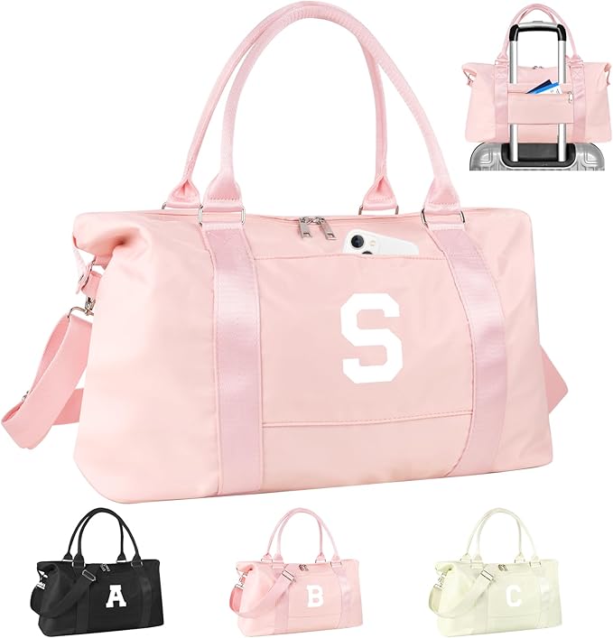 Initial Travel Duffel Bag Sports Gym Bag for Girls Teen Birthday Gifts,Pink Personalized Weekender Bag Carry On Tote Bags for Women Men,Waterproof Overnight Luggage Bag with Trolley Sleeve(Letter S)