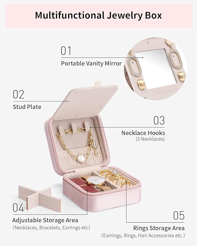 Vlando Mom Gifts for Women, Travel Jewelry Case for Mother Gifts, Travel Gifts from Daughters, Travel Essentials Small Jewelry Box - Letter T, Pink