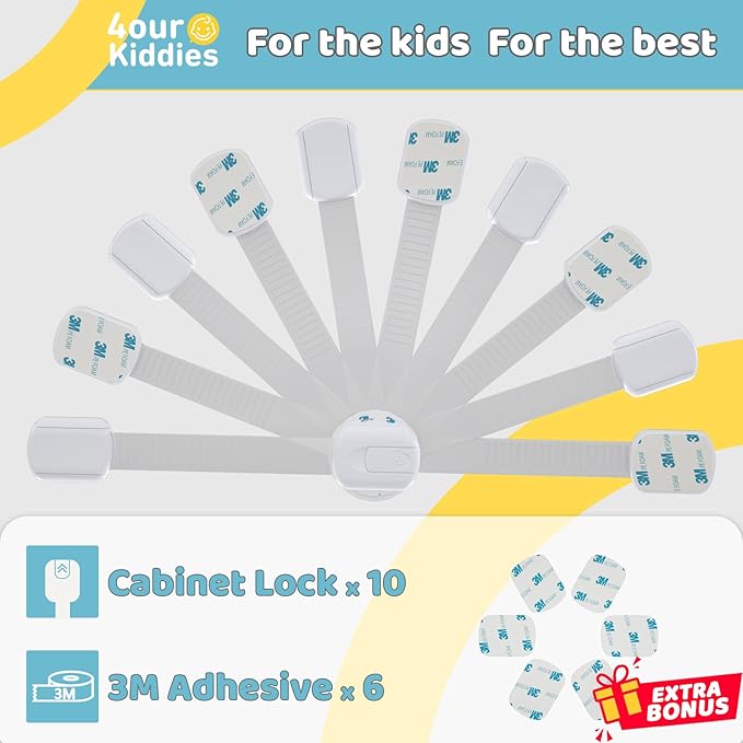4our Kiddies 10 Pack Baby Proof Cabinet Latches, Childproof Drawer Latches with 6 Extra 3M Adhesives, Adjustable Child Safety Cabinet Strap Locks, Baby Drawer Locks for Kids and Child Safety