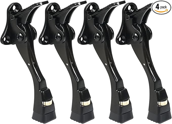 4 Packs Black Door Stops, Heavy Duty Kickdown Door Stopper, One Touch Adjustable Kickdown Door Stop for Heavy Doors, 4 in Metal Door Kickstand with Rubber Tip & Wall Protectors for Wide Doors- Black
