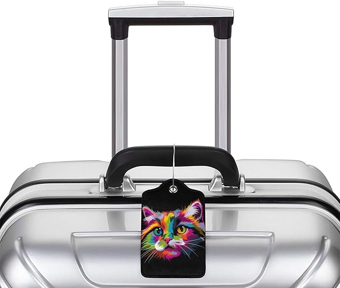 Cat Leather Luggage Tag with Stainless Steel Ring, Fun Name Id Card Cover Travel Bag Tag Set, Suitable for Travel Bag Luggage Women Men 2 PCS