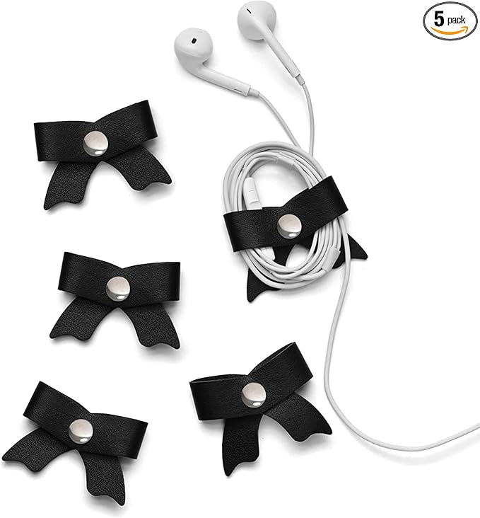 SenseAGE 5 Pack Cord Organizer, Bow Cord Keeper, Cable Organizer USB Holder, Leather Cable Management, Cable Straps, Earphone Winder, Storage Straps for Electronics, Earbuds, Small, Black