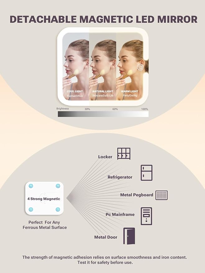 Qislee Makeup Box with A Detachable Lighted Mirror, Waterproof Travel Train Case, Cosmetic Organizer and Makeup Suitcase with Adjustable Dividers, Magnetic LED Mirror(Sparkling Pink)