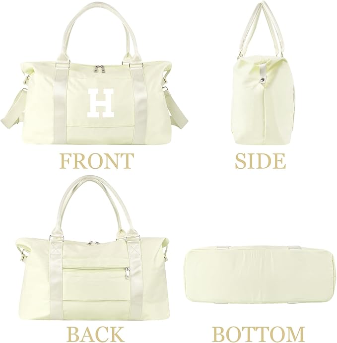 Initial Travel Duffel Bag Sports Gym Bag for Kids Teen Birthday Gifts,Beige Personalized Weekender Carry On Dance Bags for Women Men,Waterproof Monogram Overnight Bag with Trolley Sleeve(Letter H)