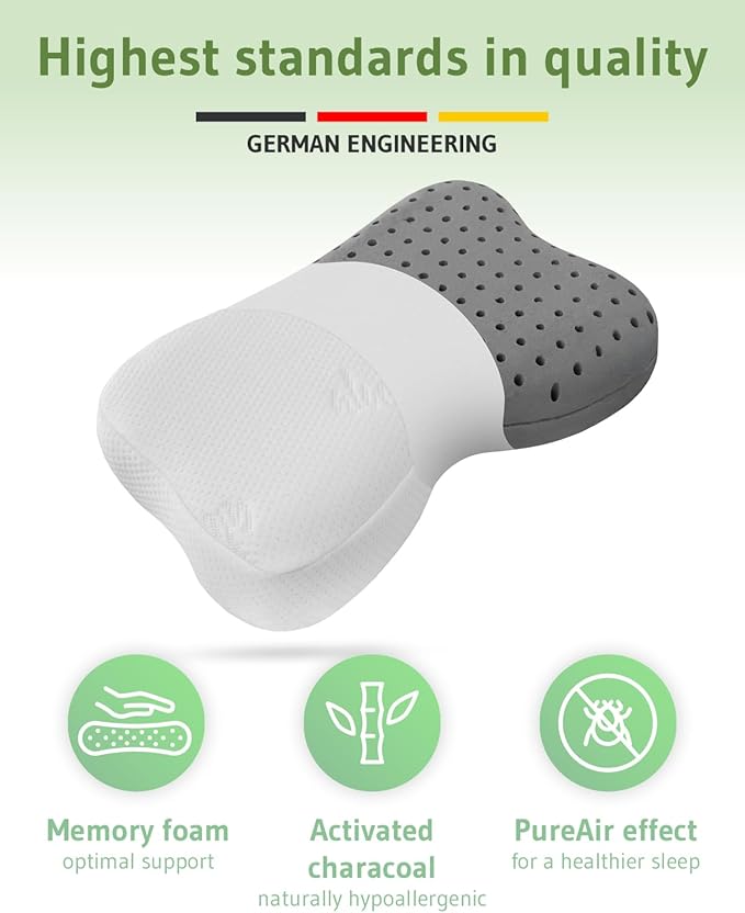 Third of Life Travel Pillow with Activated Charcoal Memory Foam | Cervical Neck Pain Relief Pillow for Back & Side Sleepers | Aloe Vera Extract Viscose Pillowcase