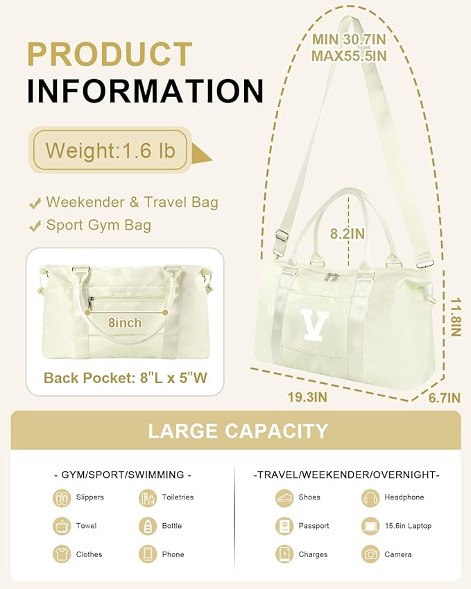 Initial Travel Duffel Bag Sports Gym Bag for Kids Teen Birthday Gifts,Beige Personalized Weekender Bag Carry On Dance Bags for Women Men,Waterproof Monogram Overnight Bag with Trolley Sleeve(Letter V)