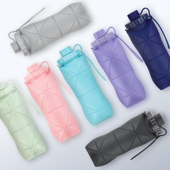 YCT Collapsible Silicone Travel Water Bottle 20oz (600ml), Reuseable Leakproof BPA Free Foldable Sports Bottle, with Carrying Strap, Dark Blue