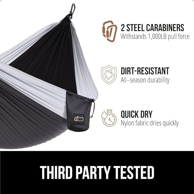 GORILLA GRIP Durable Portable Camping Hammock, Holds 400lbs with Heavy Duty Tree Straps, Comfortable Travel Swing, Camp Hammocks, Easy to Use and Install, Outdoor Essentials, Black, 9x4.5 FT