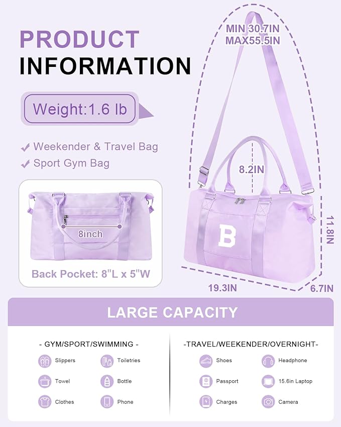 Daughter Niece Gifts for Teen Girl Kids, Initial Travel Duffel Bag Sports Gym Bag Personalized Gifts Weekender Bag，Monogram Overnight Bag Cute Dance Bag Birthday Bridesmaid Gifts for Women(Purple, B)