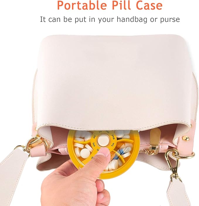INVODA Weekly Pill Organizer 7 Compartment Rotating Pill Box for Daily Medication & Vitamins - Portable Travel Pill Case Fish Oil Supplements Vitamins Organizer (4 Pill Box+ 4 Bag)