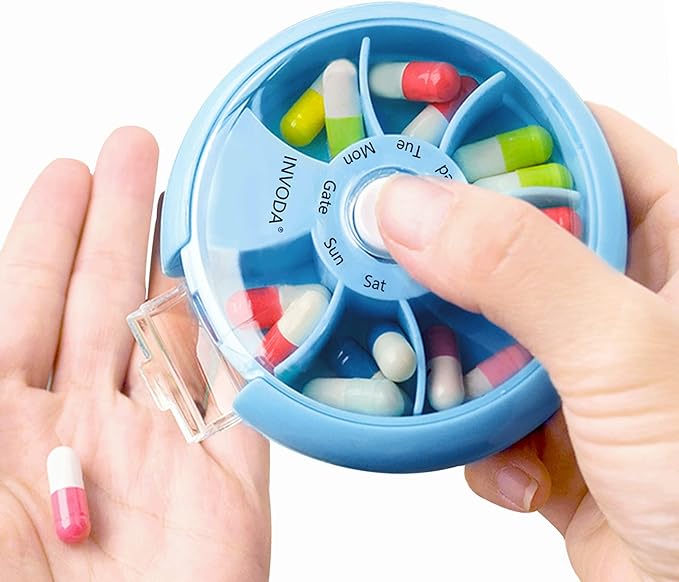 INVODA Weekly Pill Organizer 7 Compartment Rotating Pill Box for Daily Medication & Vitamins - Portable Travel Pill Case Fish Oil Supplements Vitamins Organizer (4 Pill Box+ 4 Bag)
