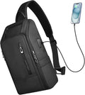 Crossbody Sling Bag for Men, Waterproof Sling Crossbody Backpack with USB Charging Port, Anti Theft Chest Shoulder Hiking Bags Daypack for Commute, Work, Sport, Travel - Black