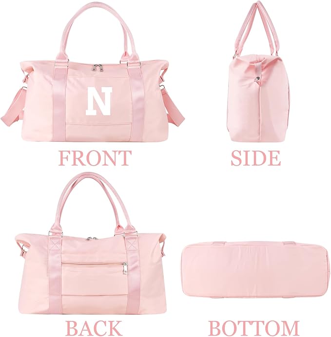 Initial Travel Duffel Bag Sports Gym Bag for Girls Teen Birthday Gifts,Pink Personalized Weekender Bag Carry On Tote Bags for Women Men,Waterproof Overnight Luggage Bag with Trolley Sleeve(Letter N)