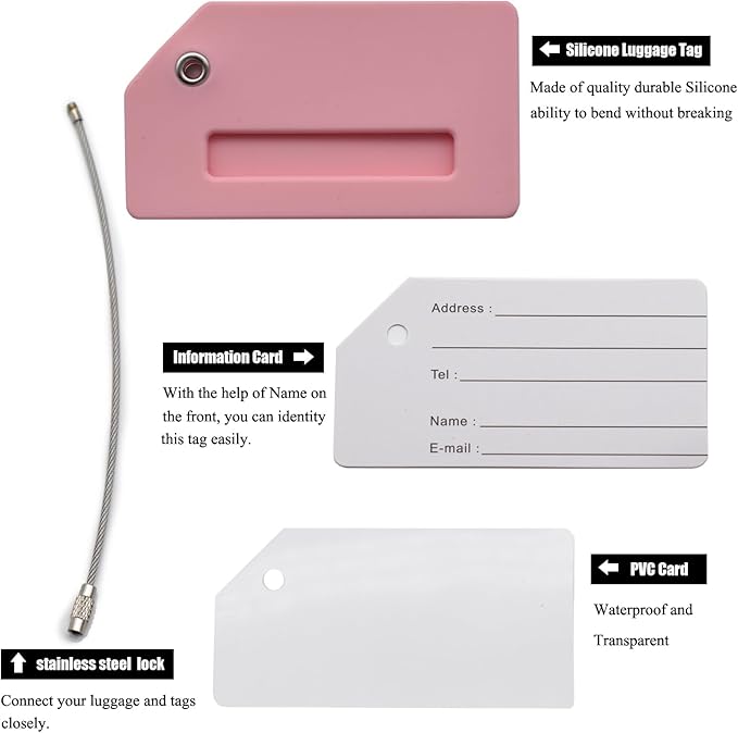 7 Pack Silicone Luggage Tag Baggage Handbag Travel Bag Tags with Name ID Card Perfect to Quickly Spot Luggage Suitcases (Pink)
