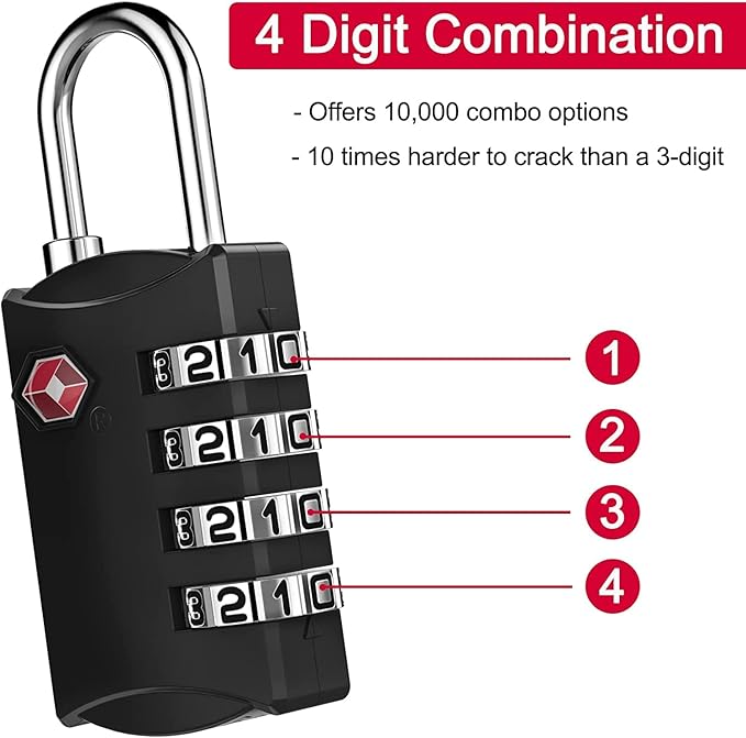 ZHEGE Travel Locks, TSA Approved Locks for Luggage, Baggage, 4 Digit Combination Zipper Padlocks for Backpack, Tent, Gym Locker (2 Pack, Black)
