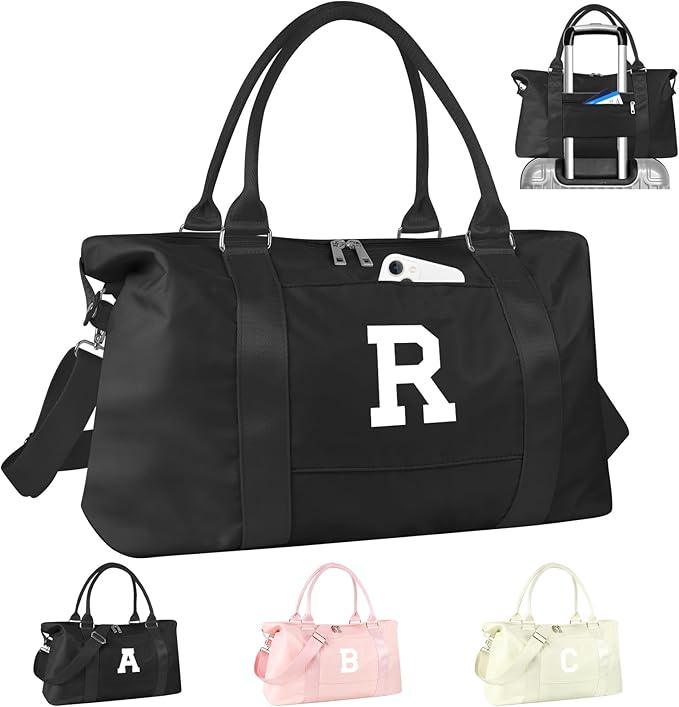 Initial Travel Duffel Bag Sports Gym Bag for Boys Teen Birthday Gifts,Black Personalized Weekender Bag Carry On Tote Bags for Men,Waterproof Overnight Luggage Bag Airplane Travel Essentials(Letter R)