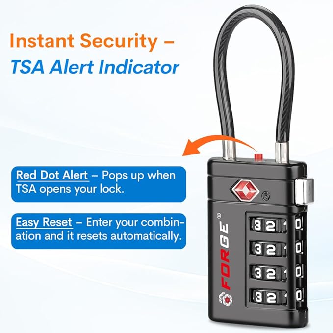 Forge TSA Approved Luggage Locks 4 Digit Combination TSA Travel Locks with TSA008, Open Alert Indicator, Zinc Alloy Body for Luggage, Suitcase, Backpack, and More. Black 6 Locks.