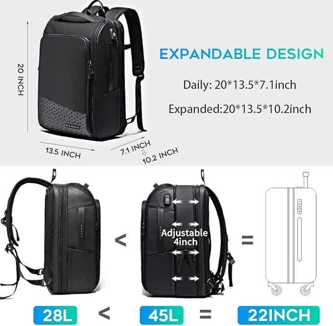 BANGE 45L Expandable Travel Backpacks,Weekender Carry On Backpack, Flight Approved Business Backpack for 17.3inch Laptop