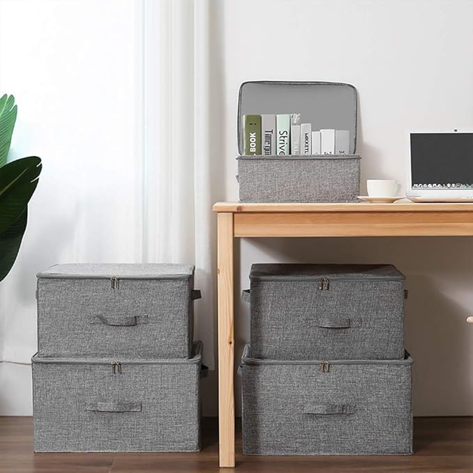 ANMINY 2PCS Storage Bins with Zipper Lids 51.9 Qt Lidded Fabric Storage Boxes Baskets Cubes with Handles Collapsible Washable Cotton Linen Closet Shelf Clothes Organizer - Gray, Extra Large