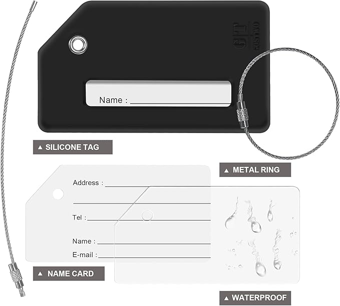 8 Pcs Luggage Tags for Suitcases, 26 Initial Letter Travel Luggage Baggage Identification Labels ID Tags Fully Bendable Tags with Stainless Steel Loop (Letter R, Black)