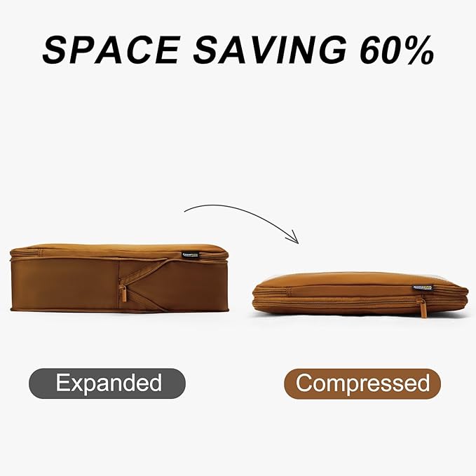 6 Set Compression Packing Cubes for Travel Essentials, Luggage Organizers for Suitcases (Dark Brown)