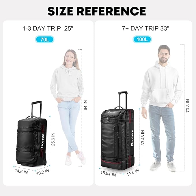 Gonex Rolling Duffle Bag with Wheels, 100L Water Repellent Large Wheeled Travel Duffel Luggage with Rollers 33 inch, Black
