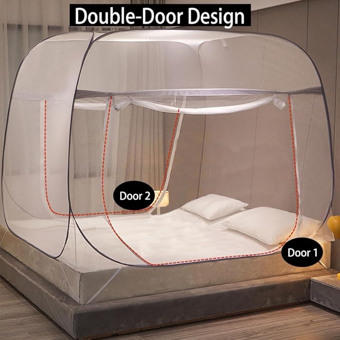 Pop-Up Mosquito Net Tent for Beds Portable Folding Canopy with Net Bottom, Fits Twin to King Size 79x71x59inch, Easy Install Wash for Baby Adults, Indoor Outdoor Use (Gray-Queen Bed)