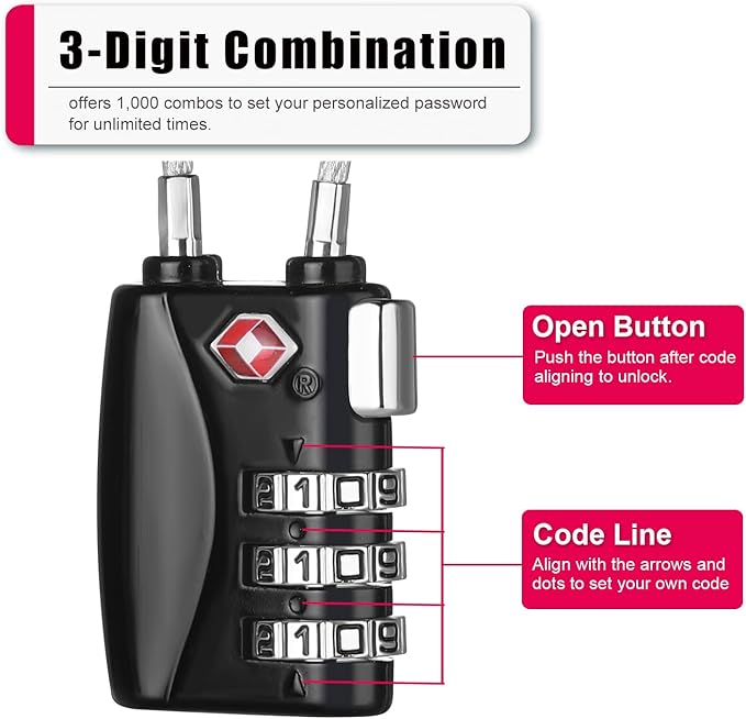ZHEGE TSA Wire Lock 2 Pack Cable Luggage Lock with Alloy Body for Suitcase, Baggage, Backpack, Pistol Case (Black & Silver)