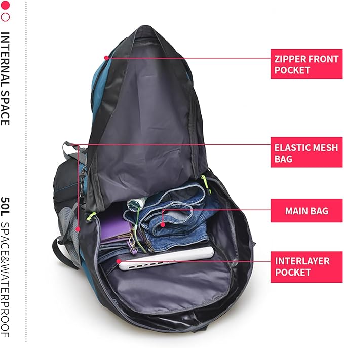 Bseash 50L Hiking Backpack, Water Resistant Lightweight Outdoor Sport Daypack Travel Bag for Camping Climbing Skiing Cycling (Blue Green - With Shoe Compartment)