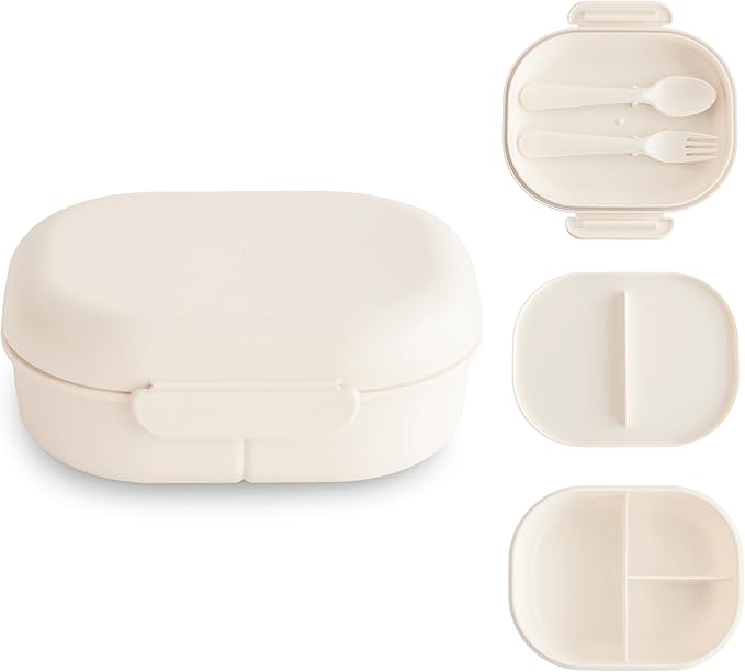 mushie Kids Bento Lunch Box | 3-Compartment & Removable Divider + Fork & Spoon Utensils | Great For Meals, School, Snacks On-the-Go | Dishwasher Safe (Ivory)