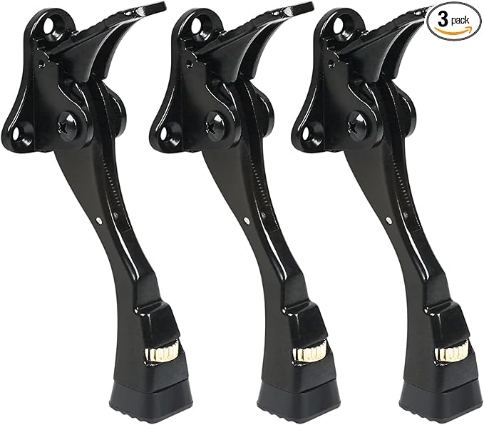 3 Packs Heavy Duty Kickdown Door Stopper, One Touch Adjustable Kickdown Door Stop for Heavy Doors, 4 in Metal Door Kickstand with Rubber Tip & Wall Protectors for Wide Doors- Black