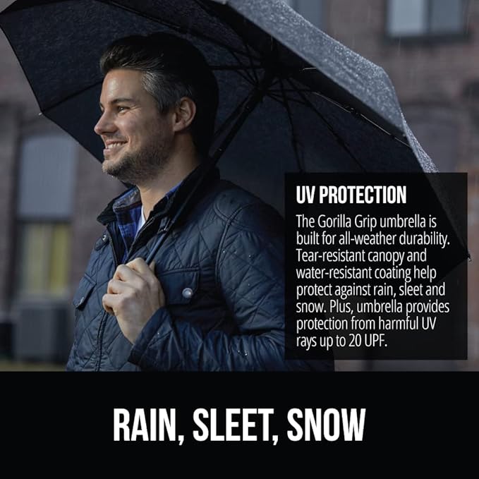 GORILLA GRIP Windproof Compact Stick Umbrella for Rain, Travel One-Click Automatic Open and Close, Strong, Lightweight, Stocking Stuffer, White Elephant Holiday Gift, Portable, Easy Collapsible, Black