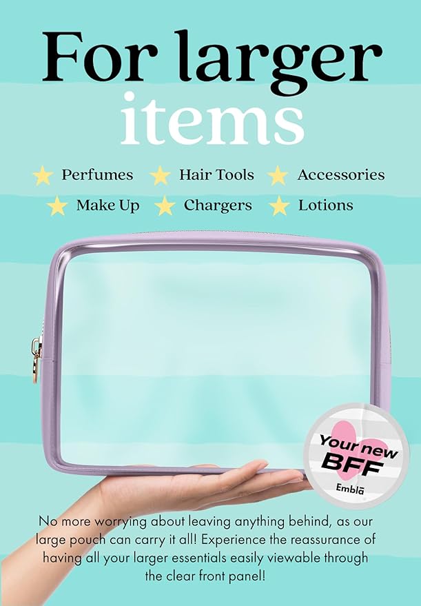 Clear Makeup Bag Zipper Pouch, Transparent Cosmetic Case Organizer, TSA Approved Travel Toiletry Case, Travel Accessories Essentials Makeup Tote for Women, Large Cute Make up Bag for Purse - Lilac