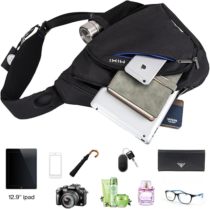 mixi Sling Bag Men Backpack Unisex One Shoulder Bag Hiking Travel Backpack Crossbody with USB Port for Men Women Versatile Casual Daypack-20 inch,Black