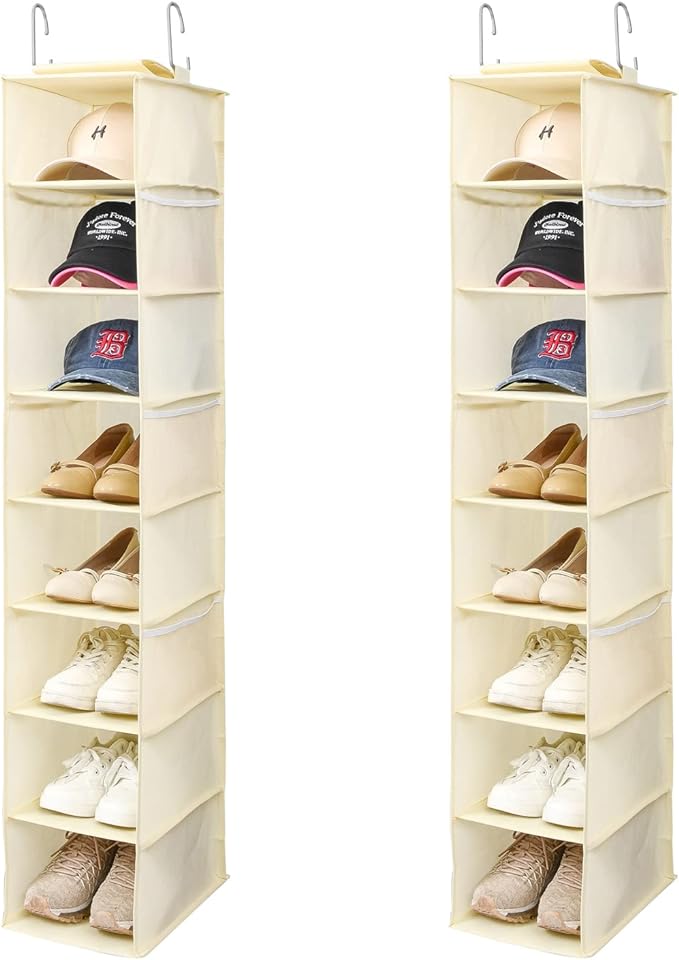 Hanging Shoe Organizer for Closet with Side Mesh Pockets，Hat Racks for Baseball Caps，Shoe and Hat Holder & Storage，8-Shelf，Beige，2 Pack