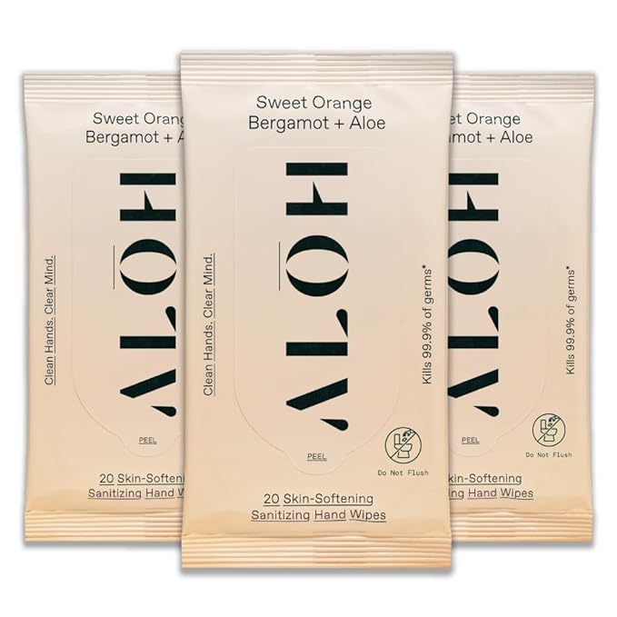 ALŌH Sweet Orange Bergamot + Aloe Sanitizing Hand Wipes - Clean Hands, Clear Mind - On The Go Hand Sanitizing Wipes for Kids and Adults - Travel Size 3 Pack 20ct Wipes (60 wipes)
