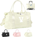 Initial Travel Duffel Bag Sports Gym Bag for Kids Teen Birthday Gifts,Beige Personalized Weekender Bag Carry On Dance Bags for Women Men,Waterproof Monogram Overnight Bag with Trolley Sleeve(Letter V)