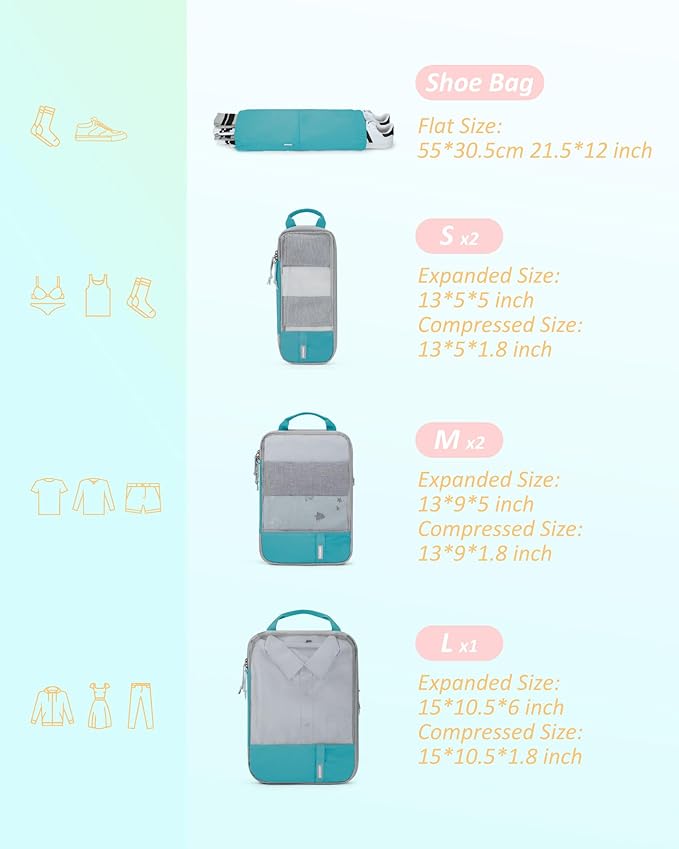 BAGSMART 6 Set Compression Packing Cubes - Lightweight Travel Essentials, Durable Luggage Organizer