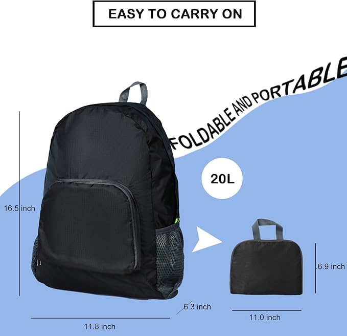 20L Hiking Daypack, Lightweight Backpack for Travel Camping Outdoor, Foldable Backpack For Men Women(BLACK)