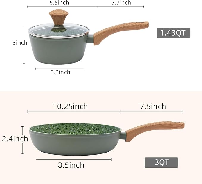Nonstick Cookware Set, 2-Piece Non-Toxic Coated 10.25 Inch Frying Pan & Saucepan with Lid, PFOA Free Dishwasher Safe, Induction Compatible, Beginner Kitchen Pots and Pans Set, Green