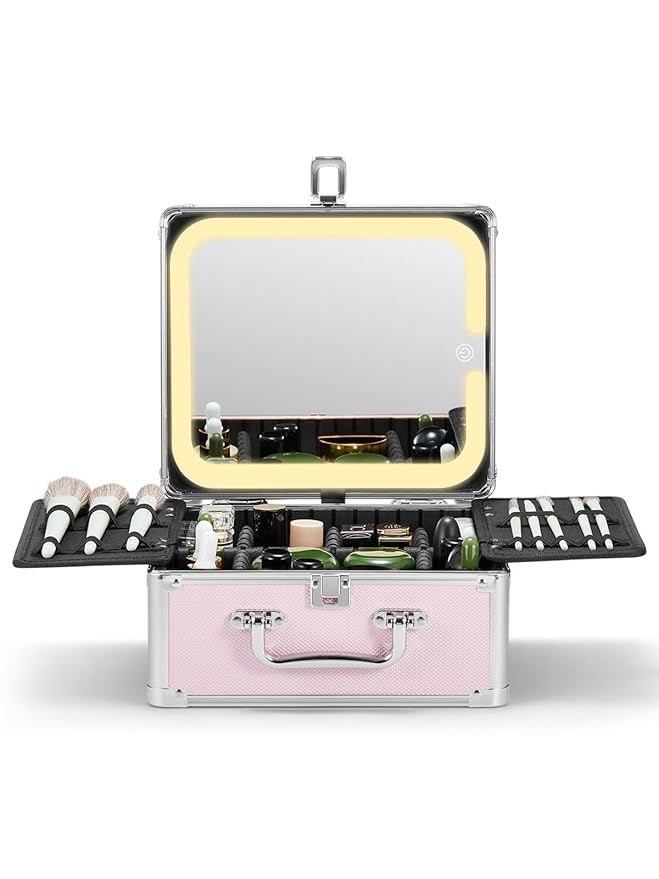 Qislee Makeup Box with A Detachable Lighted Mirror, Waterproof Travel Train Case, Cosmetic Organizer and Makeup Suitcase with Adjustable Dividers, Magnetic LED Mirror(Icy Pink)