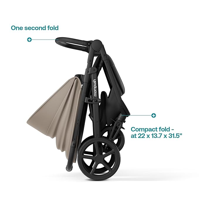 Mompush Nova Baby Stroller for Toddler, Infant & Newborn | Spacious Seat & Lie-Flat Mode | Compact One-Hand Fold, UPF 50+ Canopy & All-Wheel Suspension | Includes Rain Cover & Cup Holder, Khaki