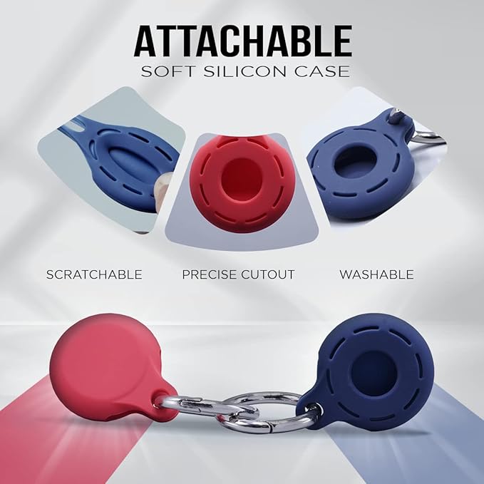 Apple AirTag 4 Pack Shockproof, Dustproof & Washable Cases, Silicon Holders with Accessories for Wallets, Luggage, Pet Collars, Key Finders (Blue - Red)