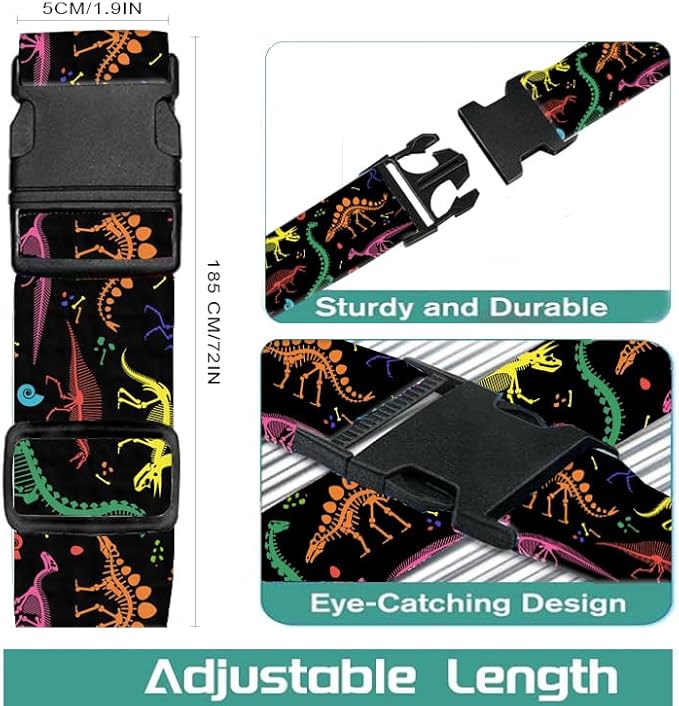 Luggage Straps for Suitcases Travel Belt Accessories, Cute Suitcase Strap, Adjustable Luggage Belt Strap, Heavy Duty with Quick-Release Buckle Luggage Strap Cute Colorful Dinosaurs