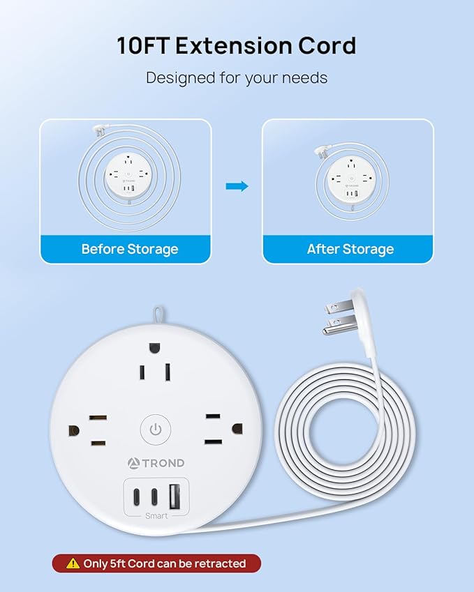 TROND Flat Plug Power Strip - Extension Cord 10FT Semi-Retractable, Power Strip with 3 AC Outlets 3 USB Ports (2 USB C), Cruise Ship Essentials, Desktop Charging Station for Home, Hotel, Dorm
